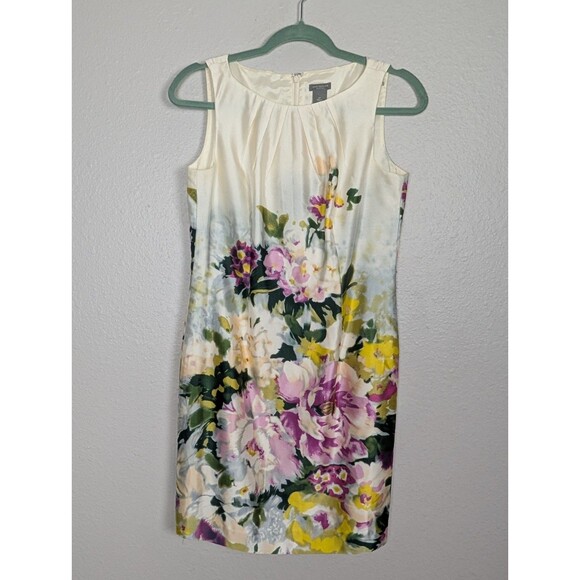 Ann Taylor Silk Size 6 Petite Floral Cream Lined Sheath Dress Zip Up Party 223 - Picture 1 of 7